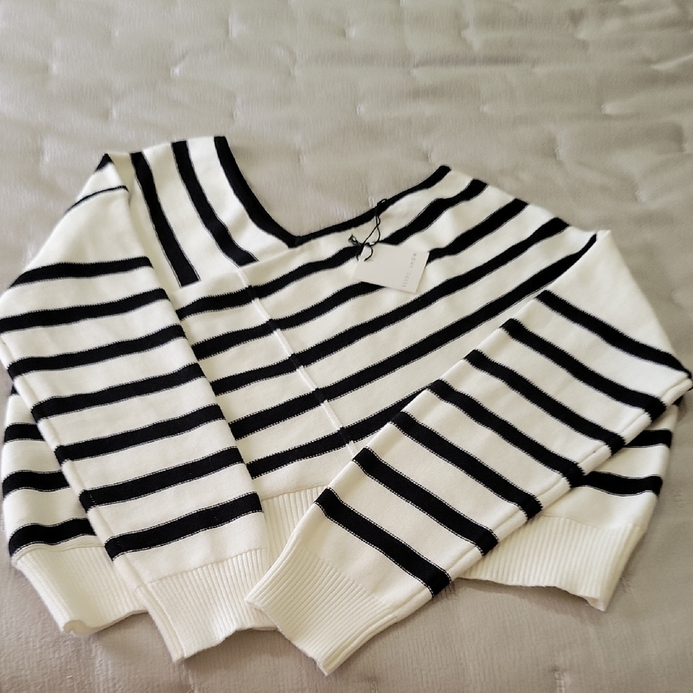 Elegant Black and White Striped V-Neck Sweater